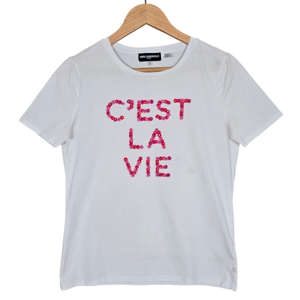 Karl Lagerfeld Paris Women's C'est La Vie Floral Rhinestone T-Shirt White XS